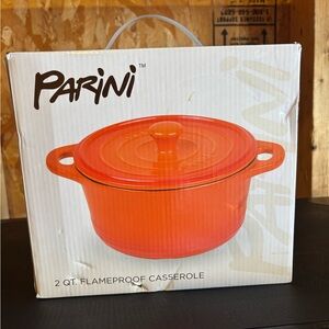 Parini 2-quart flameproof casserole dish in a vibrant orange color. NIB